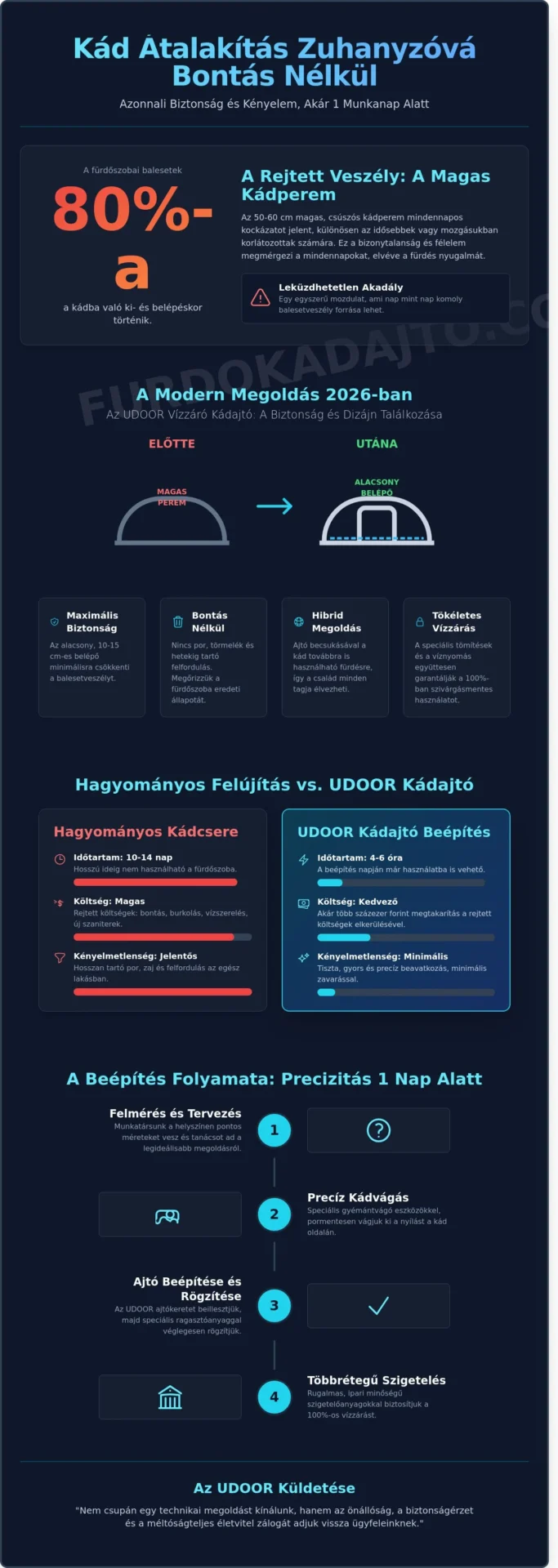 Kád átalakítás zuhanyzóvá bontás nélkül: Biztonságos megoldások 2026-ban - Infographic