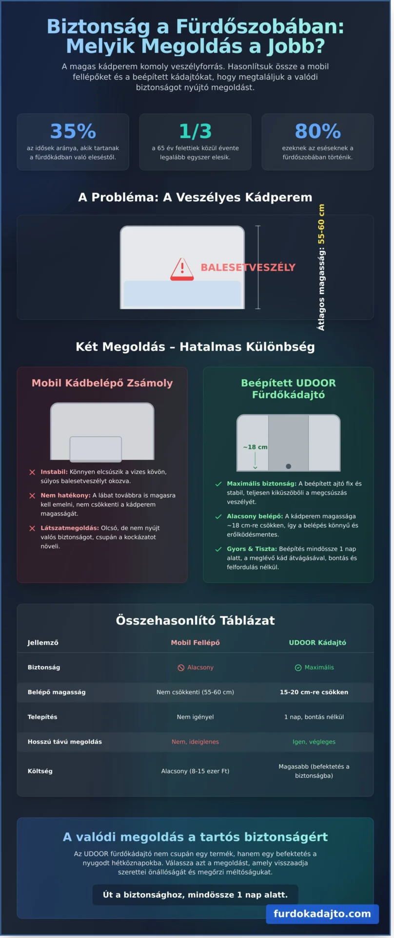 Kádbelépő vagy kádajtó? Biztonságos megoldások a fürdőszobai akadálymentesítéshez 2026-ban - Infographic